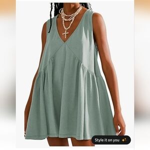 Women's V Neck Sleeveless Mini Dress Loose Summer Pleated Swing Flowy Sundress